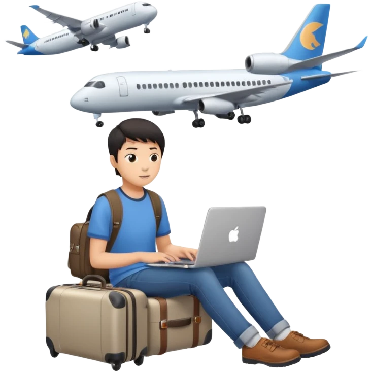페르소나 요약 : 교환학생을 준비하는 대학생. 동양인 중성 20대의 상반신, 캐주얼한 옷을 입은 채 노트북을 보고 있으며 옆 한켠에는 캐리어가 함께 준비되어 있어요. 머리 위에 생각풍선으로 비행기를 떠올리고 있어요 emoji