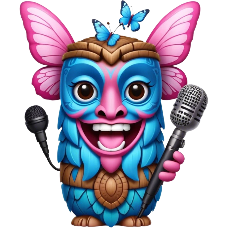 Pixar style little Cartoon Blue and pink tiki singing with butterfly and in the microphone, ultra detailed and lifelike imagery emoji