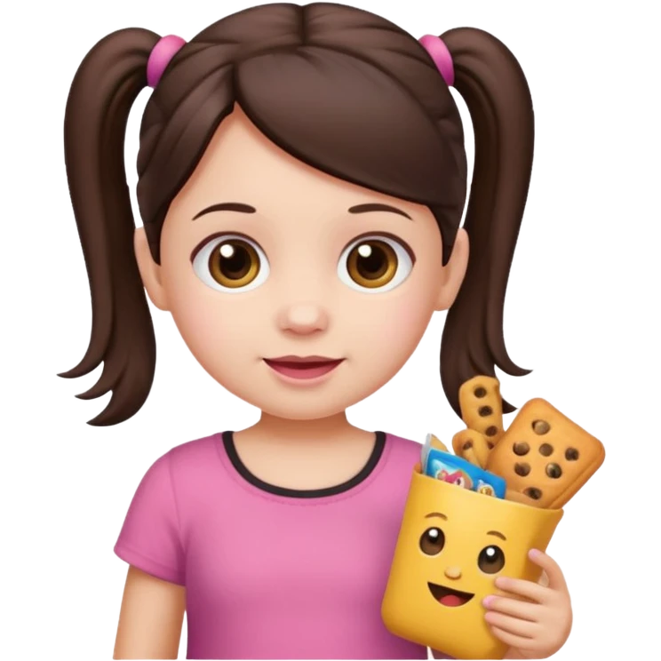 Toddler emoji with two pigtails dark brown hair, fair skin, in pink top, holding toddler snacks emoji