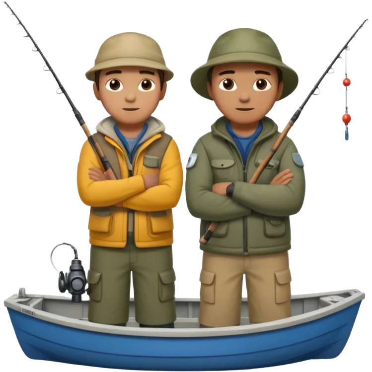 Father and son in fishing gear, arms crossed because they are cold full body emoji