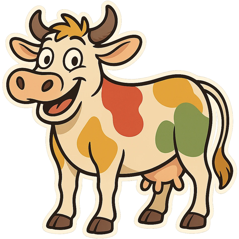 cartoon sticker of a happy colorful Kurdish cow, no flag, no text, suitable for WhatsApp and Instagram, transparent background emoji