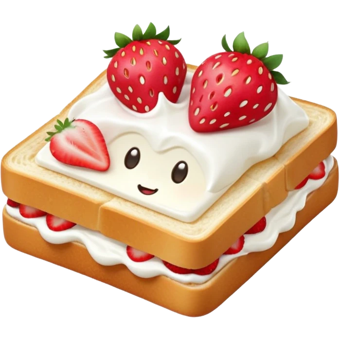 square toast topped with fluffy white cream, decorated with a strawberry bow made from two strawberry halves and a small sliced center, bright red and glossy, Clean soft shading, kawaii emoji style, centered object, no plate, no background, high detail, pastel tone emoji