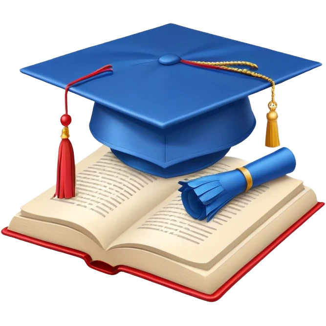 Apple emoji style graduation cap with a blue tassel, floating above an open book, clean background, cheerful emoji