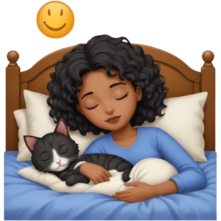 sleeping pretty black wavey hair girl in the bed, her cat is working instead of her emoji