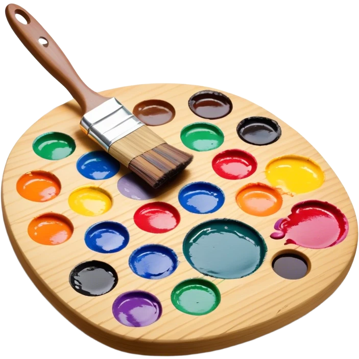 Cinematic Realistic image of a vibrant paint palette and brush, featuring a wooden palette smeared with an array of richly blended colors and a finely detailed brush with soft, delicate bristles, set against a softly textured background that evokes artistic inspiration emoji