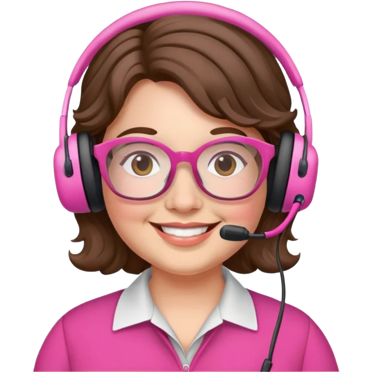 chubby English teacher face, wavy brown hair, pink glasses, smiling, gamer emoji