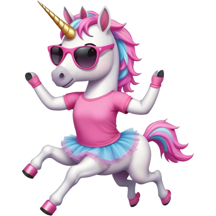 friendly anthropomorphised female unicorn with horse-like face, in tutu and pink t-shirt, wearing dark sunglasses, jogging upright in relaxed pose emoji