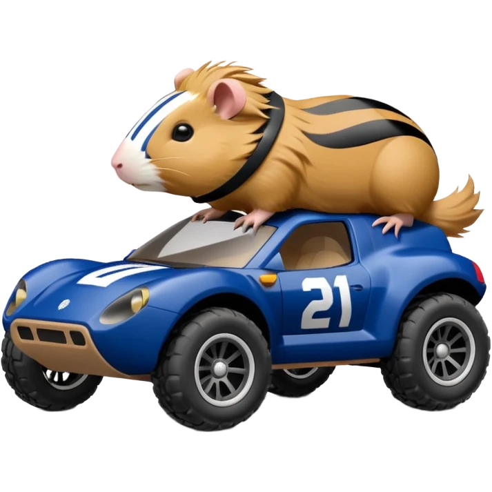 Side view of Midnight blue Local Motors Rally Fighter off road rc car driven by a Guinea pig  emoji