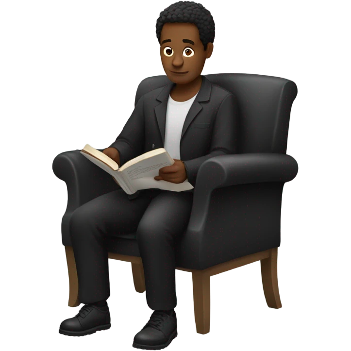 Person sitting on chair wearing bla reading a bookk trousers emoji