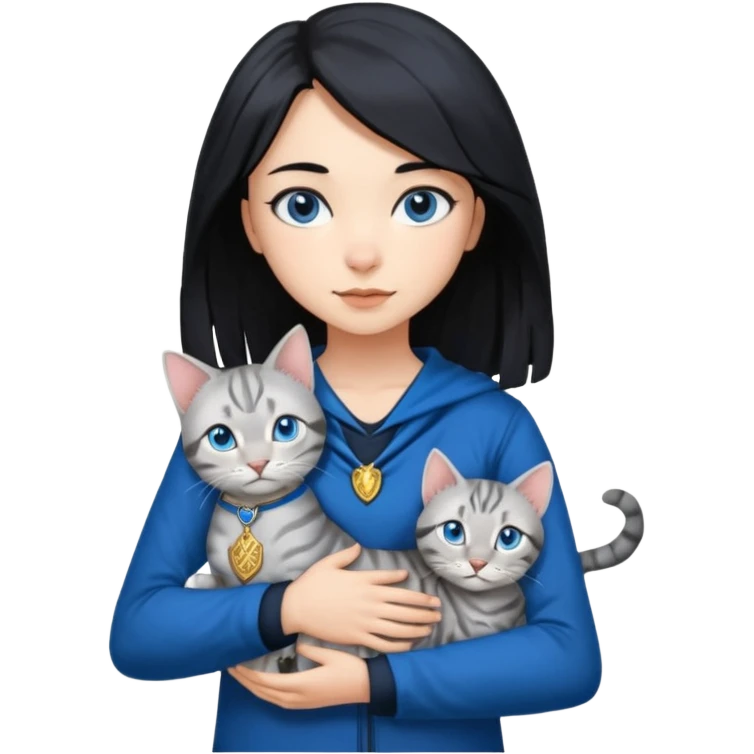 Girl with light skin, blue eyes, shoulder length straight black hair, wears a ravenclaw outfit, with a silver bengal cat holding in her arms emoji
