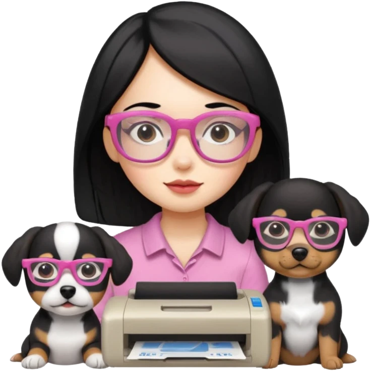 Una chica con pelo negro y lentes rosados con una impresora y dos perras una cajeta y la otra negra emoji