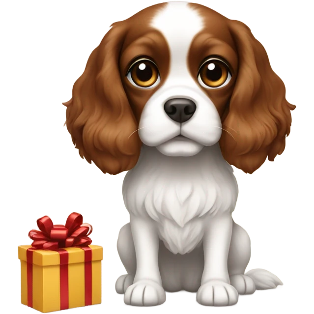 Brown and white cavalier dog and gift box emoji