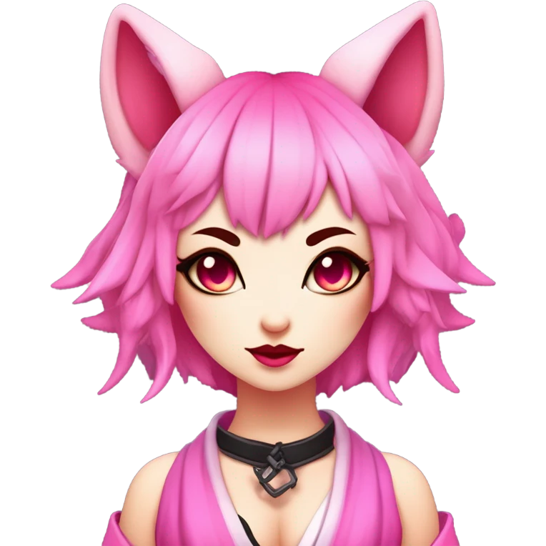 Full body female, succubus kitsune, neon pink eyes, vibrant pink hair, alabaster skin, fluffy black tails, pink tail tips, spiked choker, unique heritage, seductive charm, rebellious spirit, traditional kimonos, spiked anklets, and Barefoot 
 emoji