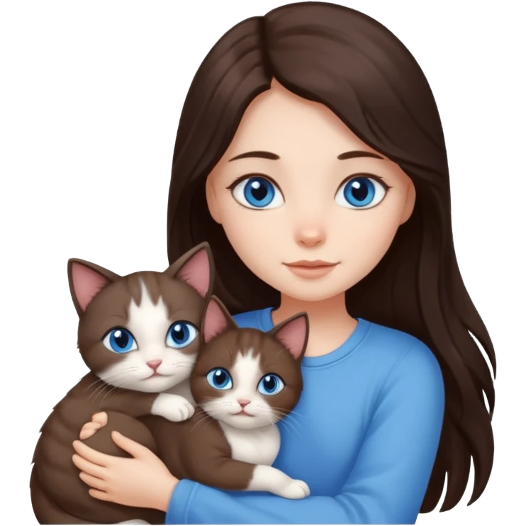 a pretty girl with long dark 
brown hair, with blue eyes, hugs 3 different natural coloured small cats emoji