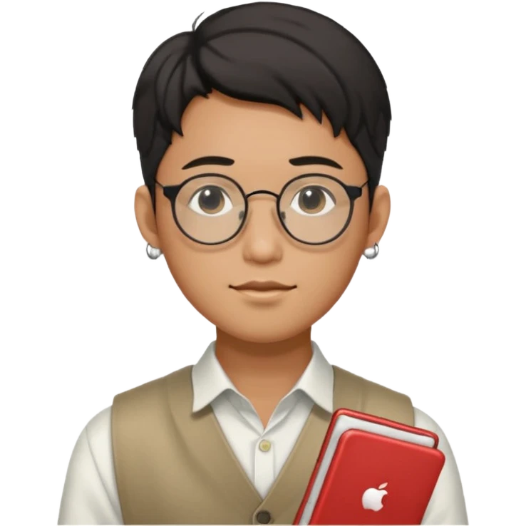 korean male guy 20s wearing an apple notebook, wearing radio earrings, round glasses, achromatic clothes, and achromatic clothes. emoji