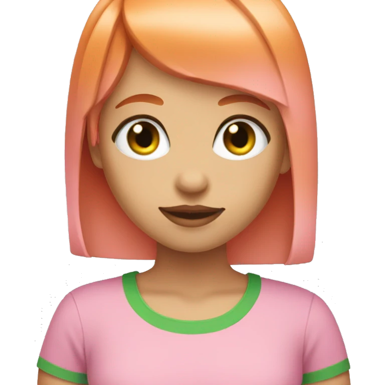 girl with orange straight hair and bangs and green eyes with a pink shirt emoji