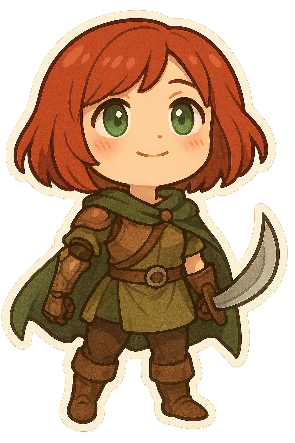 Millicent, chibi style, red bob haircut, green and brown adventurer outfit, prosthetic arm, holding a curved sword, standing in a hopeful pose, fantasy character emoji