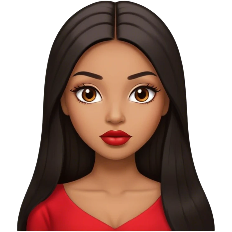 light brown skin tone, very beautiful woman, with big plump lips, long long lashes, black long straight hair, middle hair parting, brown eyes, red dress emoji