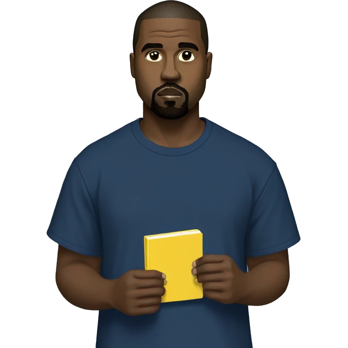 kanye west wearing a dark blue T-shirt, holding a yellow notepad emoji