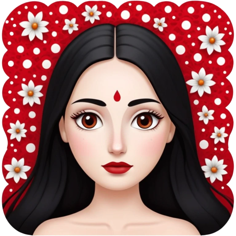 White girl with long oval shaped face, large almond shaped eyes with long eyelashes, long straight black hair falling in front of her bare shoulders, face closeup, with detailed pattern of red and white gopi dots in decorative arrangement above eyebrows emoji