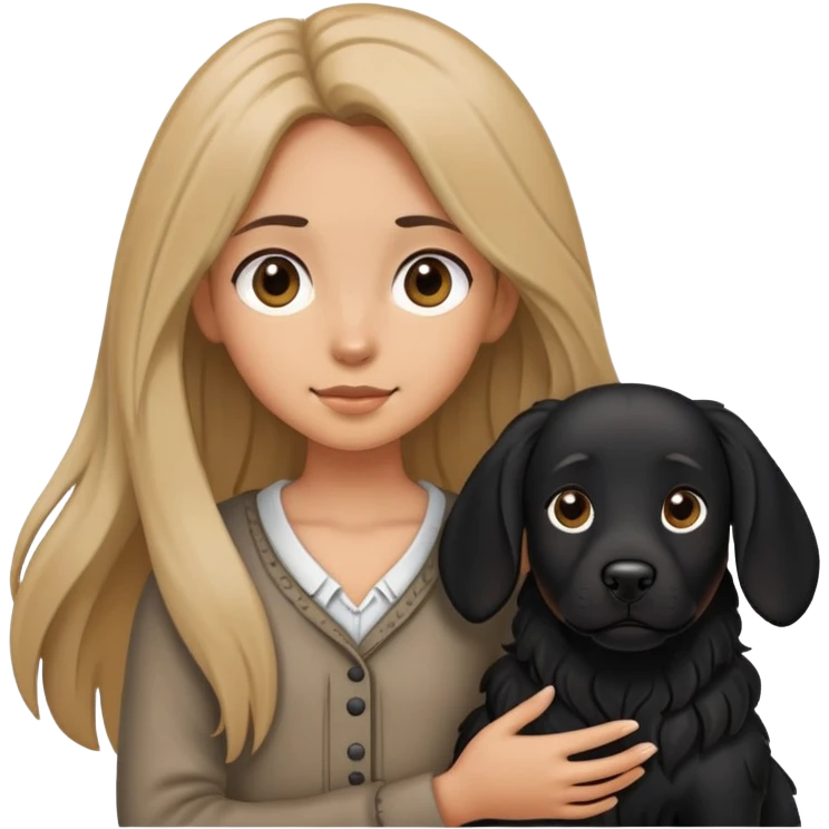 A long-haired girl is holding a big black dog with standing ears emoji