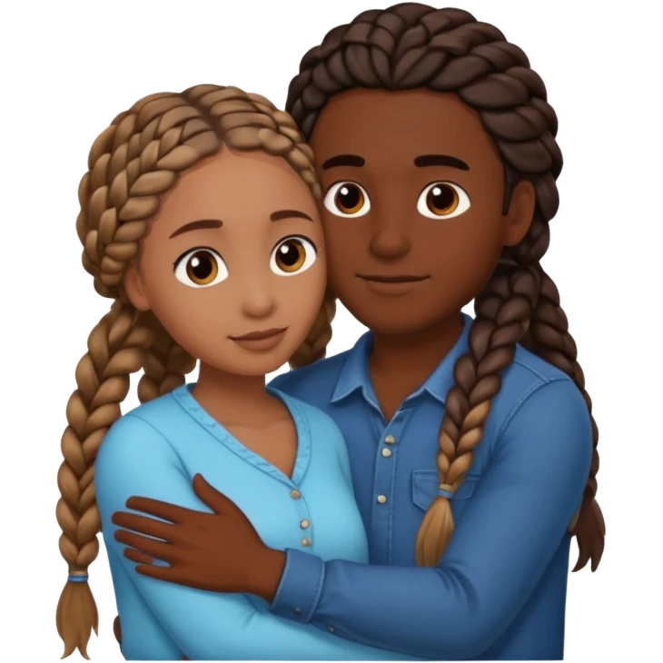dark skin girlfriend with braids hugs brown skin boyfriend with long hair  emoji