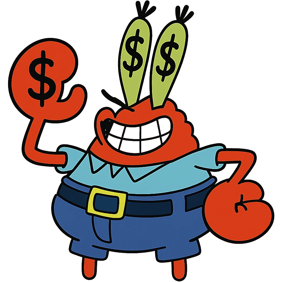 Edit the image of Mr. Krabs from SpongeBob SquarePants to have dollar-shaped eyes in a vibrant cartoon style with a transparent background. emoji