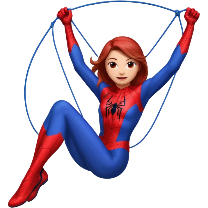spidergirl swinging on a web, red and blue suit, confident smile emoji