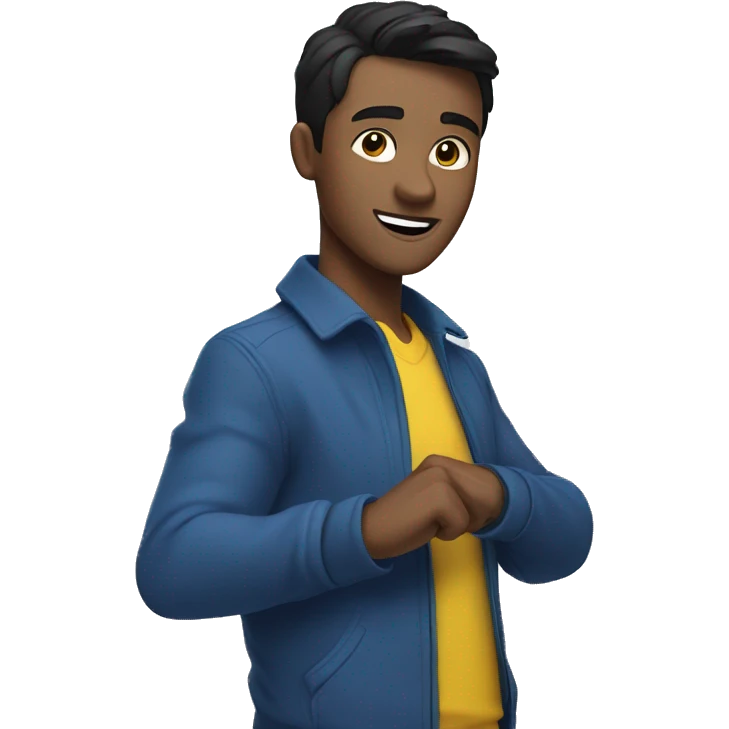 HALF BODY GUY WITH SOFT BLACK SHORT HAIR WITH BLUE COAT AND YELLOW INNER SHIRT SHOWING HIS DANCE MOVES emoji
