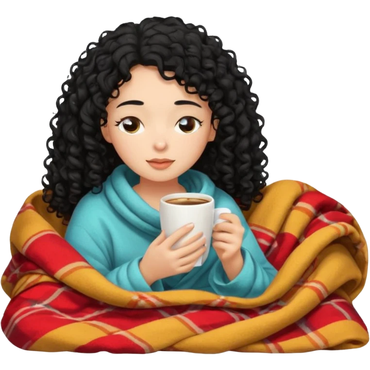 girl with black curly hair inside a blanket sipping coffee eyes closed emoji
