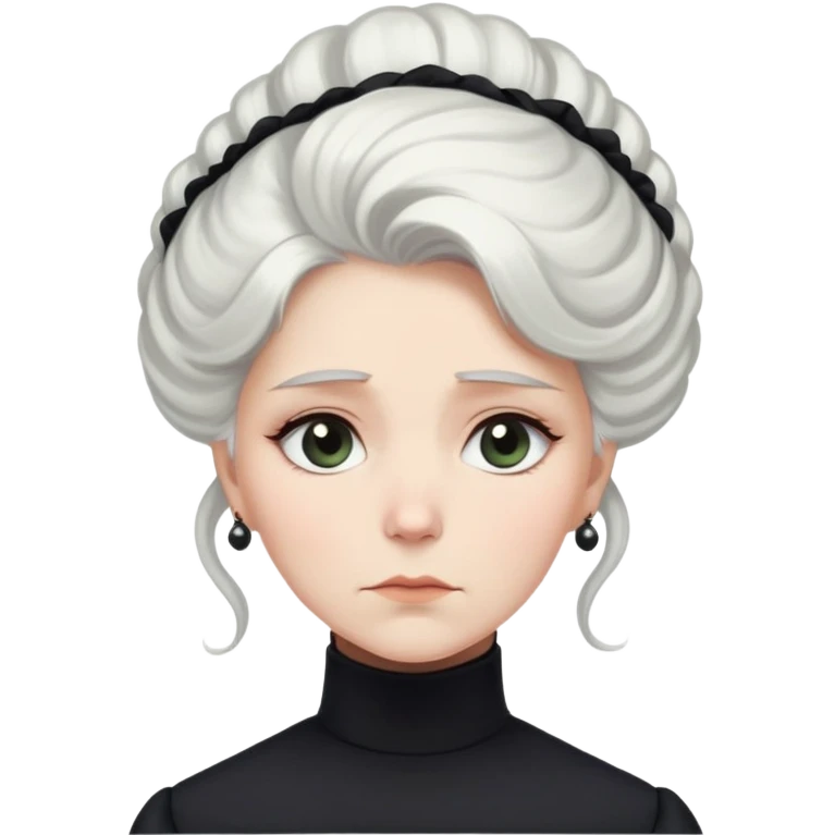 A Victorian woman with elegant coiffed white hair and light eyes wearing a simple modest black turtleneck mourning dress looking down with a forlorn expression emoji