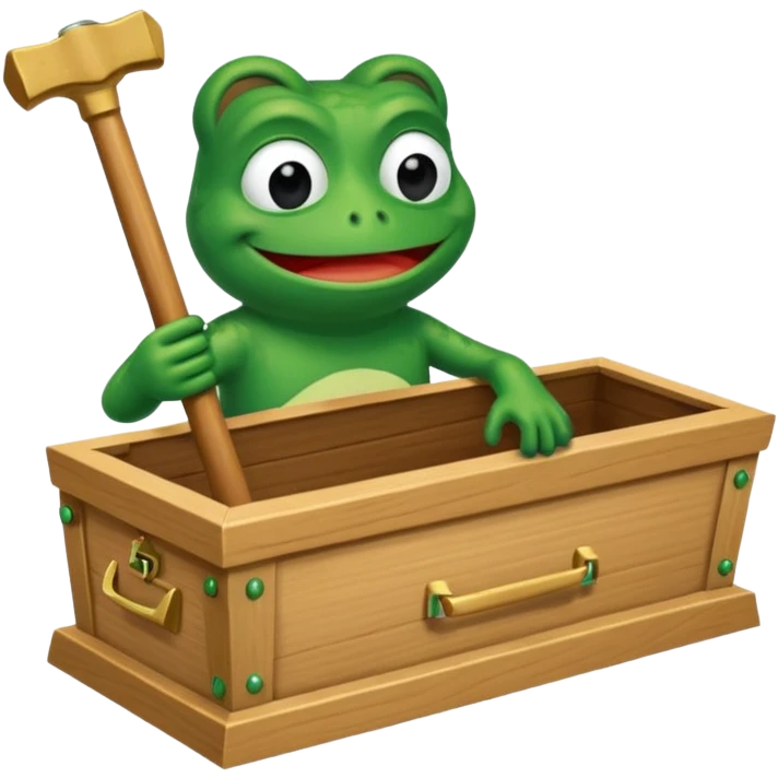 An empty coffin with "ECHO" inscribed on it, being nailed down shut by a Pepe the frog character. emoji