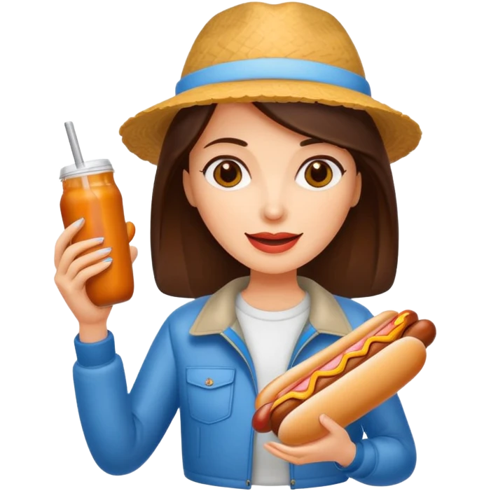 tourist brunette woman holding hot dog emoji