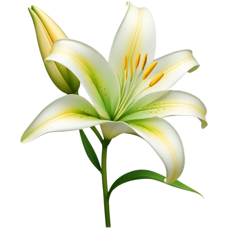 Cinematic Realistic Lily Emoji, Elegant and fragrant, with soft, white petals curling delicately around a golden-yellow stamen at its center. The long, slender green stem stands tall, supporting the vibrant bloom with its slightly curled tips. Soft glowing outline, capturing the essence of purity, elegance, and grace in a striking lily. emoji
