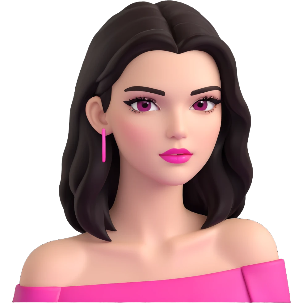 Kendall Jenner supermodel, longer face, long dark hair, bright pink glossy lipgloss, rosy pink blush, sharp winged eyeliner, bare shoulders emoji