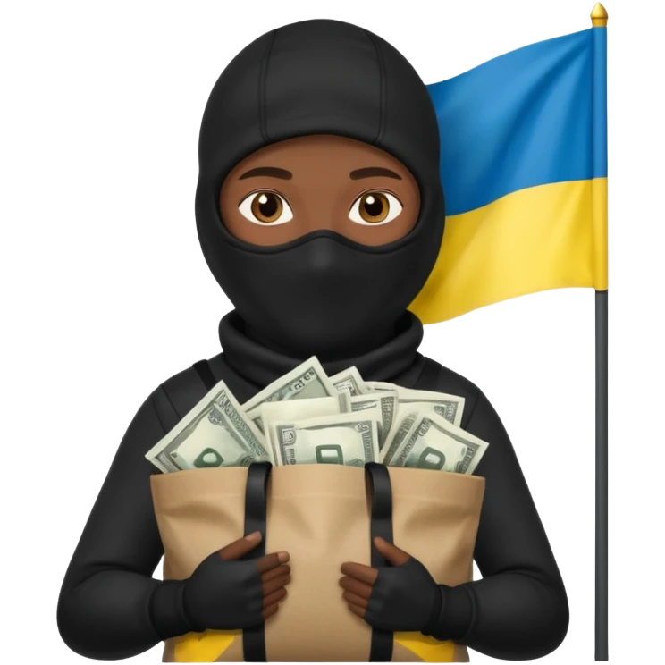 создай украинца в черное одежде и черной балаклаве с большим мешком денег на котором есть флаг страны в руках emoji