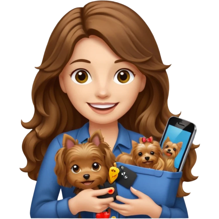 woman with long brown wavy hair holding a Yorkshire Terrier, with an iPhone and a sale tag, emoji style emoji