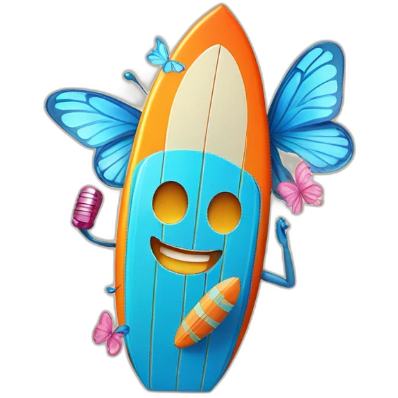 A surfboard Cartoon Blue and orange tiki smiling with butterfly and and Cartoon Blue and pink tiki singing with butterfly and mikrophone emoji
