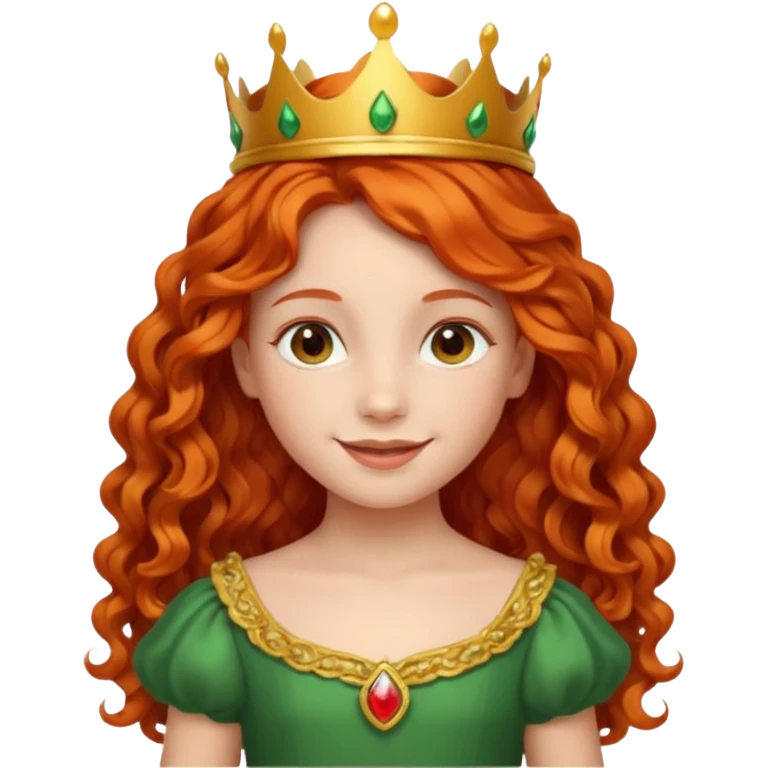 girl kid, Princess with long curly red orange hair, green dress, small crown emoji