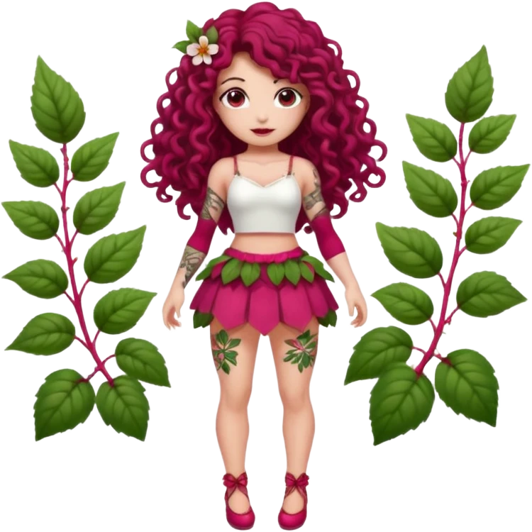 full body woman long curly brown hair brown eyes white skin tattoos muscular build raspberry fairy outfit, petal skirt, thigh vines emoji