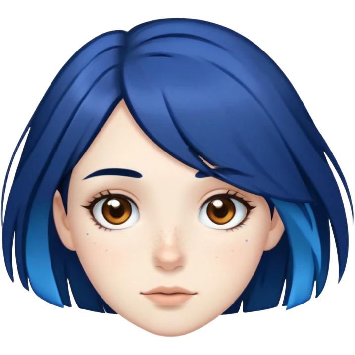 Pale girl with brown eyes, freckles, black hair, with two strips of blue hair emoji
