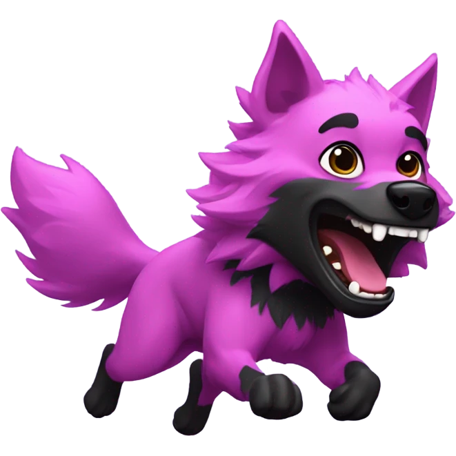 A pink and black werewolf happily chasing a purple puppy emoji