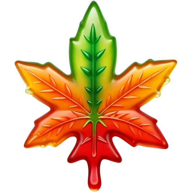 bright colorful gusher gummy shaped like a marijuana leaf with visible liquid center and liquid dripping emoji