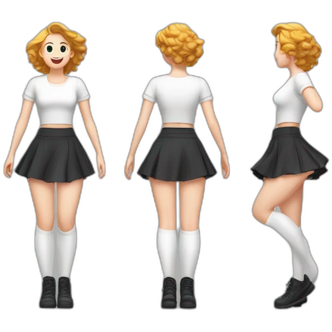 alistic-full-body-caucasian-curvy-beauty-jumping-short black-skirt-back-and-front-views-strong-wind-knickers-long-white-socks emoji