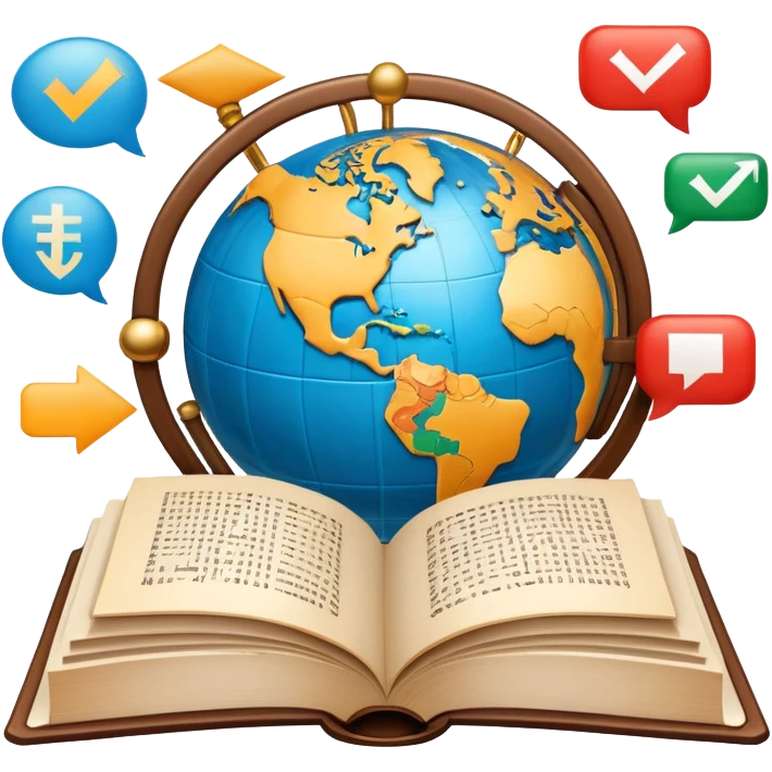 An icon featuring an open book with speech bubbles showing different alphabets—Latin, Cyrillic, Kanji. A globe and translation arrows symbolize global communication and language learning. Transparent background highlights cultural exchange and linguistic diversity. emoji