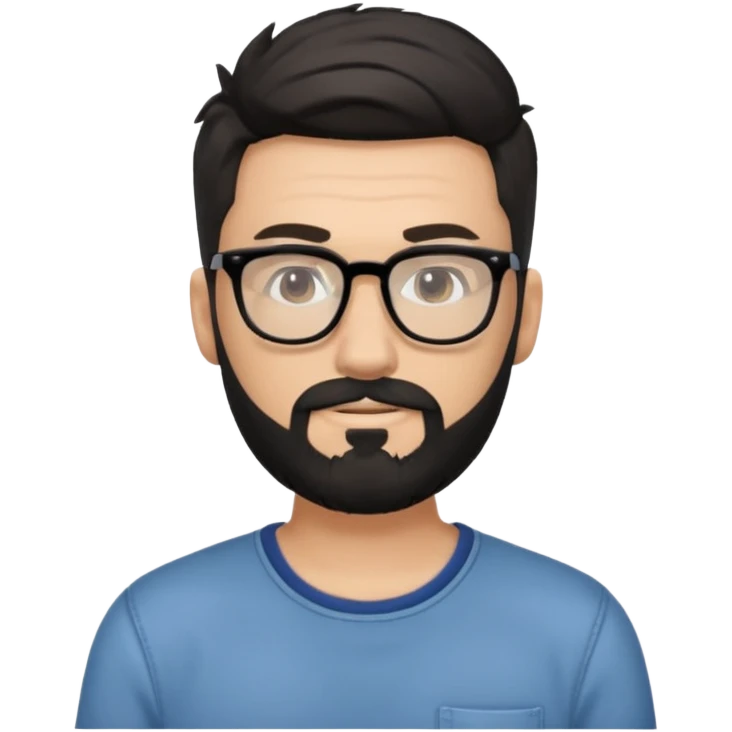 یه پسر سفید پوست با ریش مشکی و مدل موی جذاب که موهاش رو به بالاهست و عینک زده مدل موهاش فید کم (low fade)باشه و لباسش هم رسمی نباشه emoji