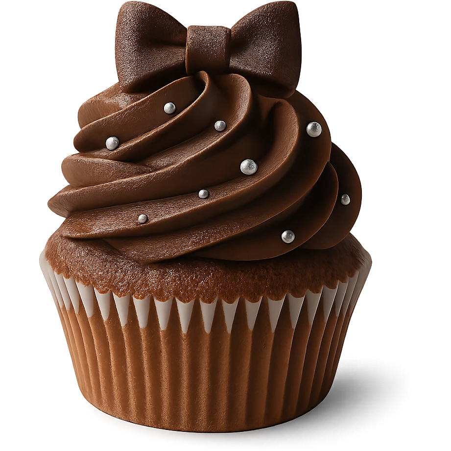 Change the icing to chocolate while keeping the realistic cupcake and accessories in a photorealistic style. Maintain transparent background. emoji