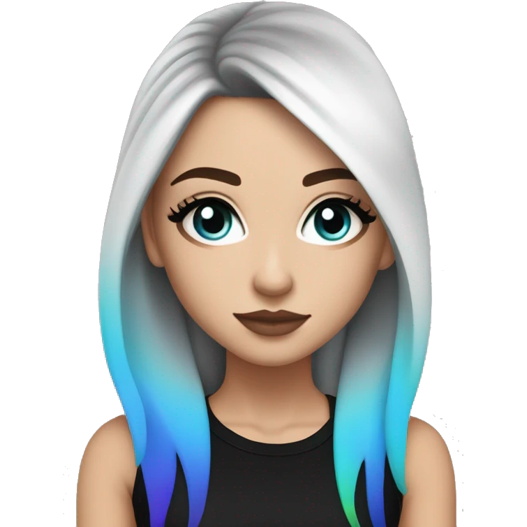 white girl blue eyes and long black hair with rainbow fringe. Wearing black crop top and has dark eye makeup on her eyes emoji