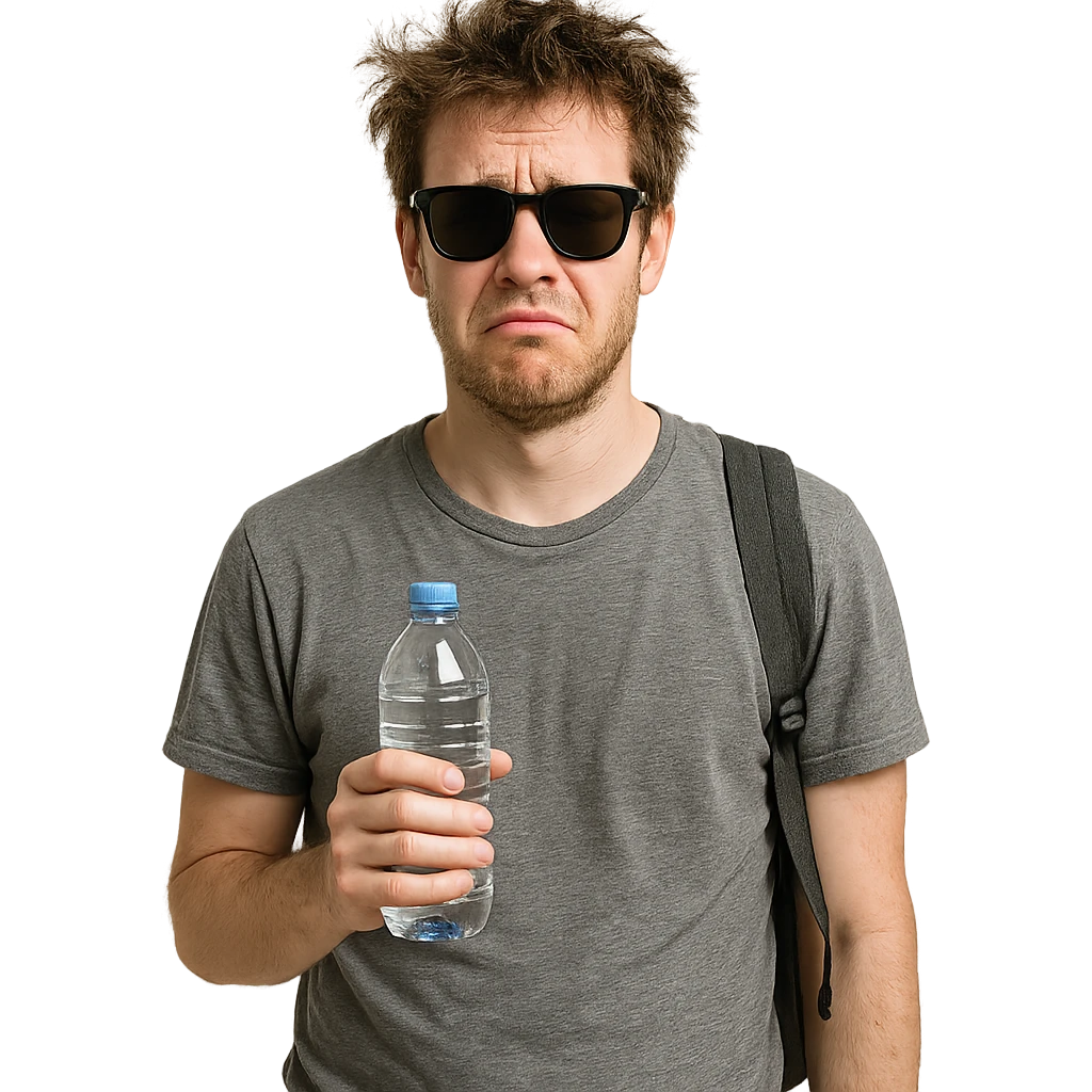 disheveled student wearing sunglasses indoors, holding water bottle, pained expression, looking hungover emoji