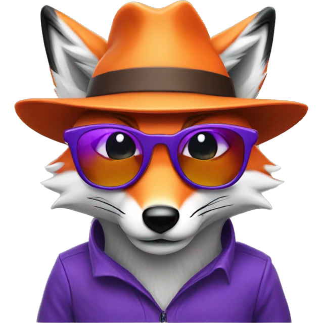purple ad orange fox with wry smile, sunglases hat emoji